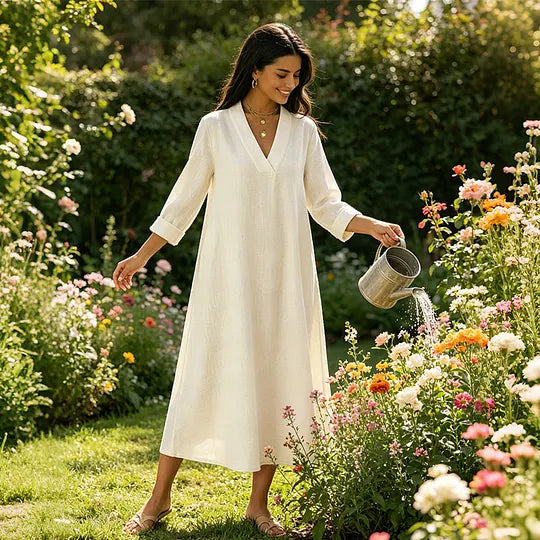 Vestido casual de mulher em algodão e linho com decote em V