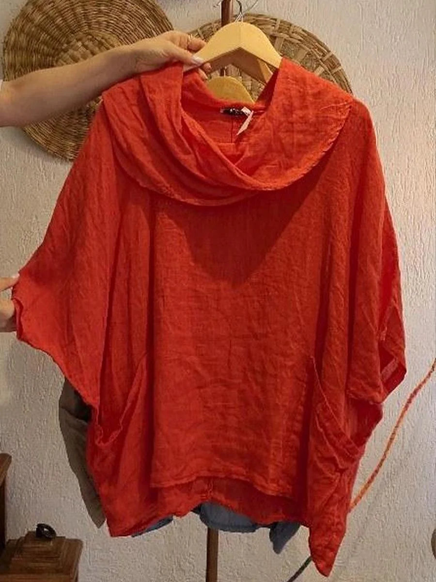 Blusa de linho para mulher, casual e confortável, com mangas a três quartos e bolso