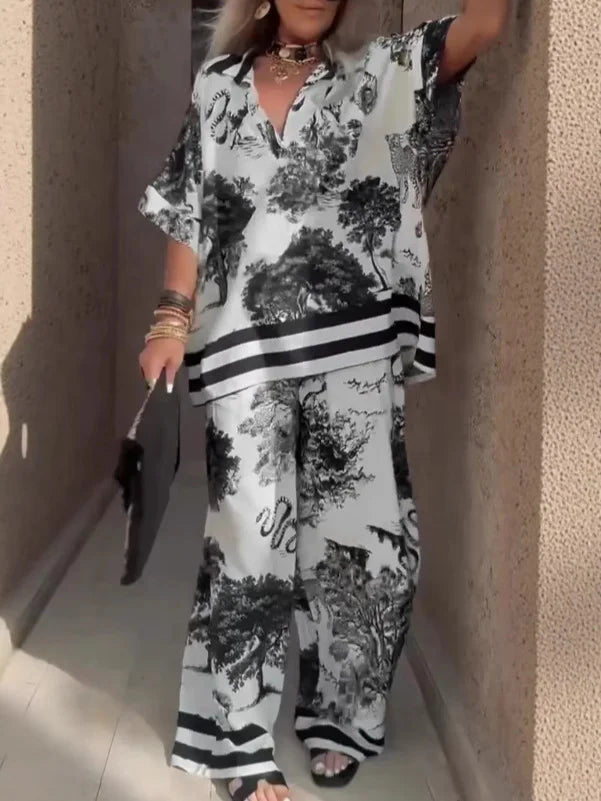Fato de mulher casual e largo com decote em V e blusa e calças estampadas