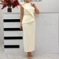 Vestido elegante para mulher com folhos e design incrustado de diamantes