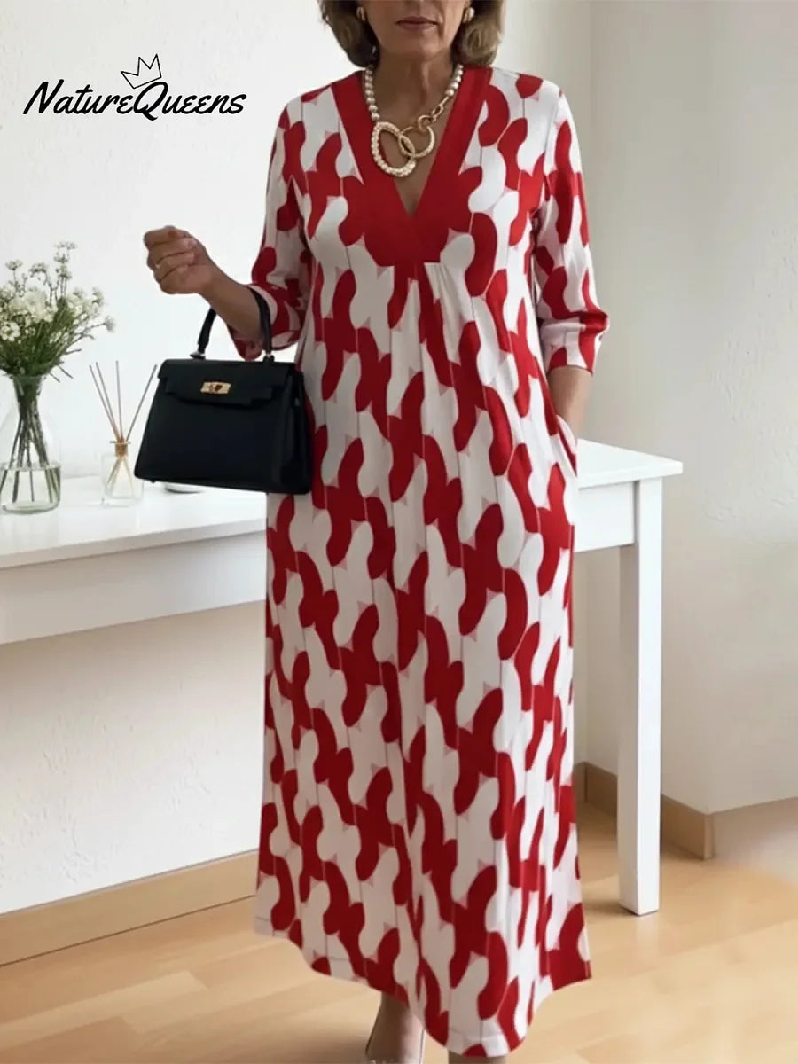 Um elegante vestido midi adornado com estampados artísticos e decote em V