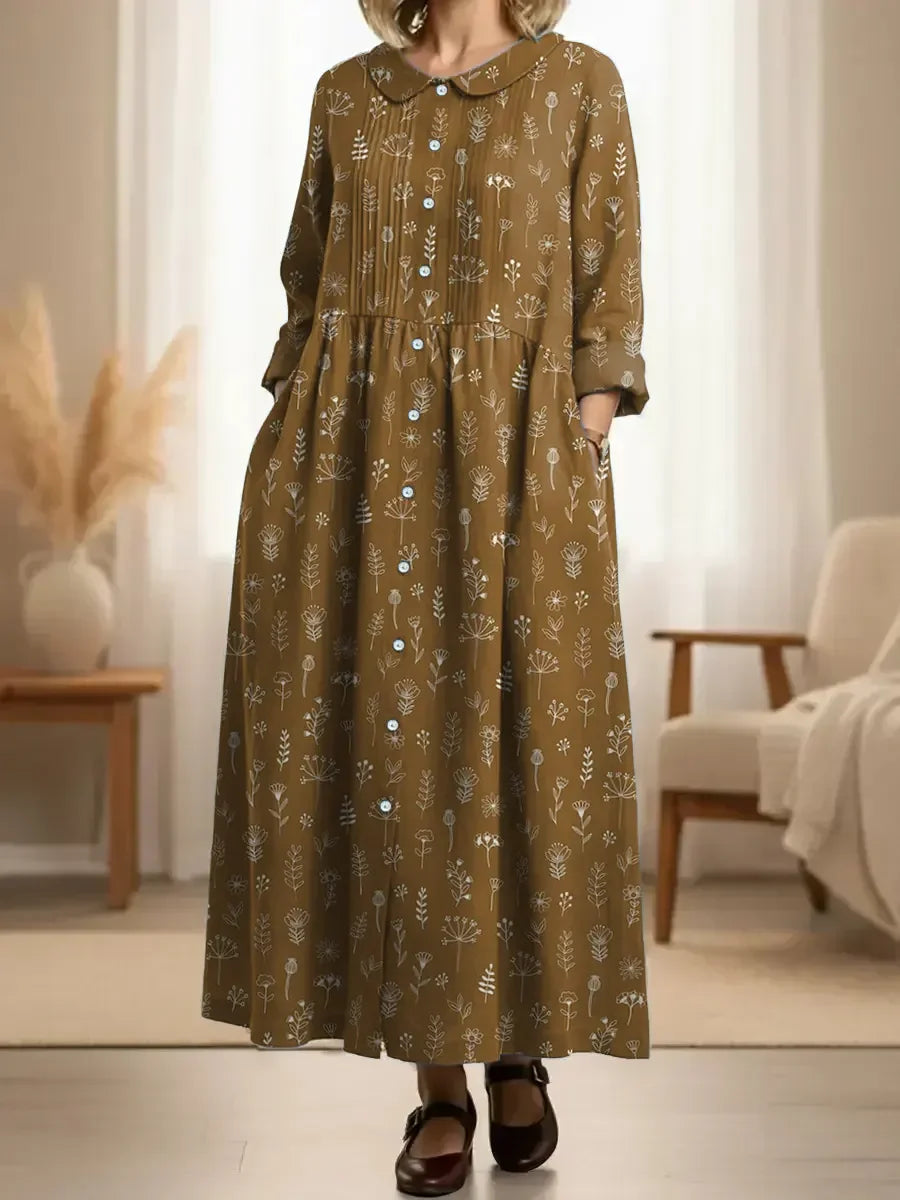 Vestido casual de manga comprida para mulher com estampado floral retro