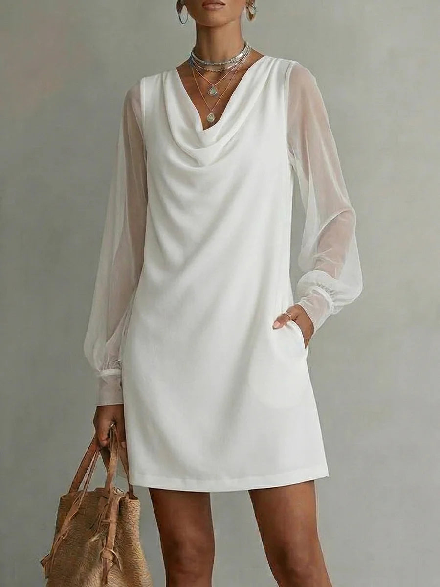 Vestido de mulher em chiffon com gola drapeada e mangas compridas