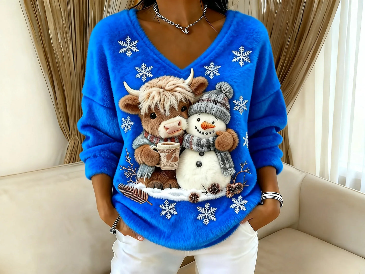 🔥Blusa de senhora com estampado animal e boneco de neve, decote em V