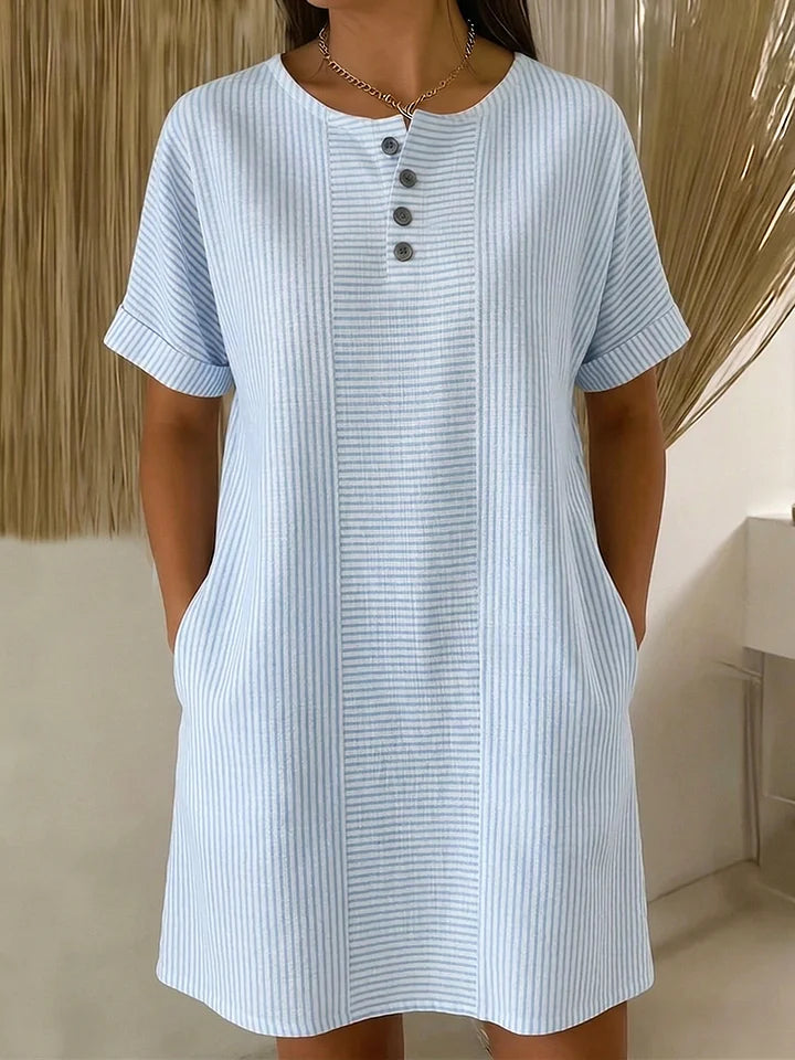 Vestido elegante em algodão e linho com gola bordada