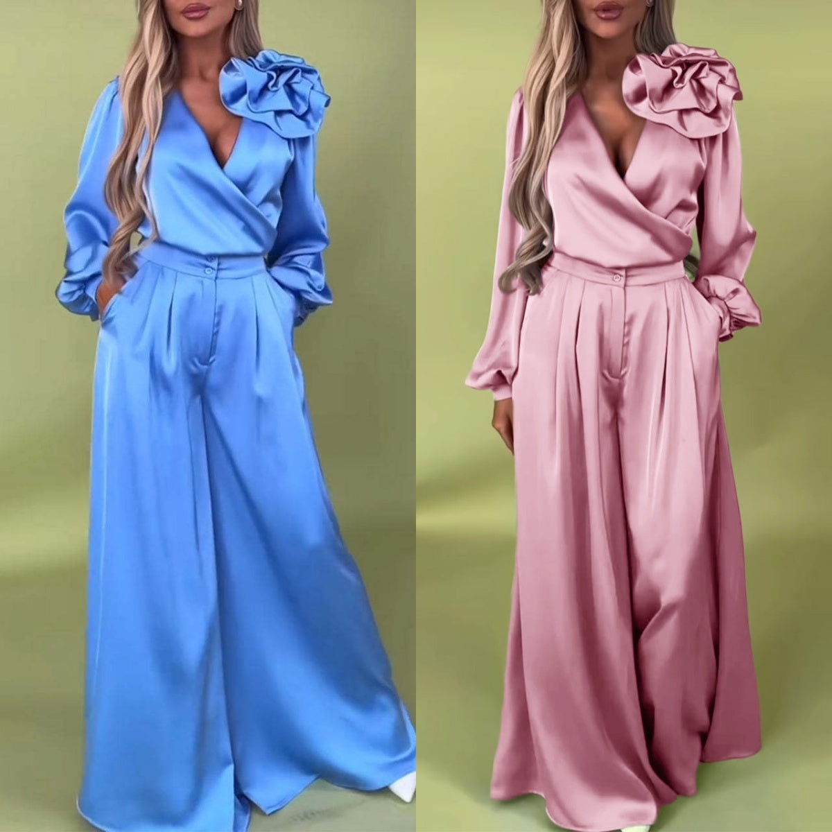 Abito lussuoso con camicia in raso e pantaloni larghi