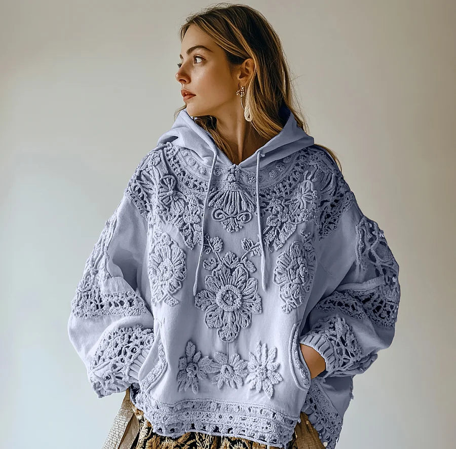 Sweatshirt casual para mulher com capuz e estampa floral bordada
