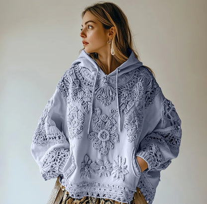 Sweatshirt casual para mulher com capuz e estampa floral bordada