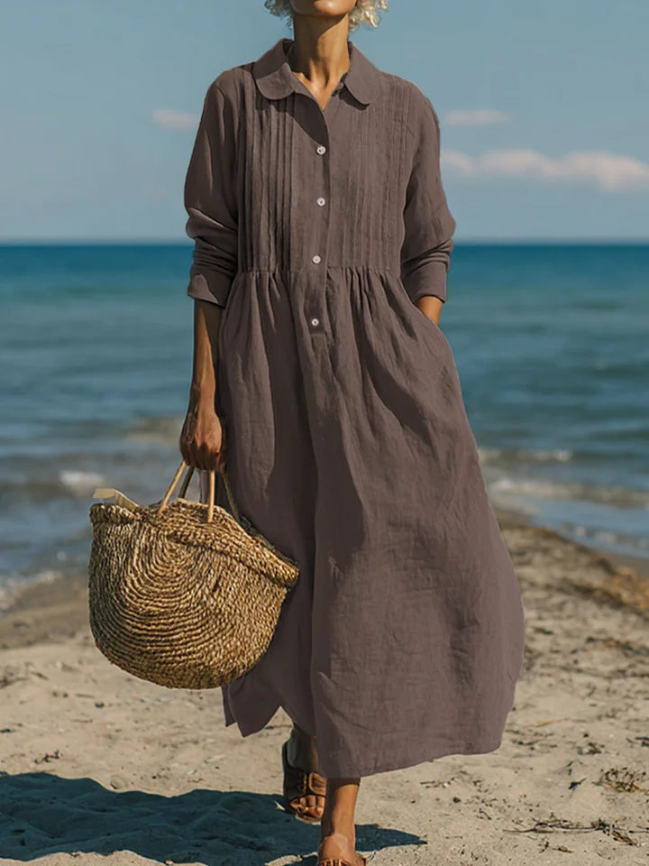Vestido casual de mulher em linho e algodão com bolso plissado