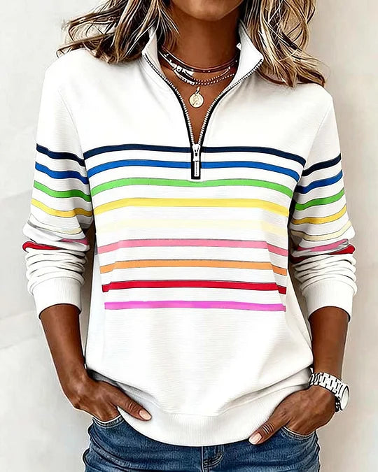 Sweatshirt moderna com gola de meio fecho e riscas arco-íris