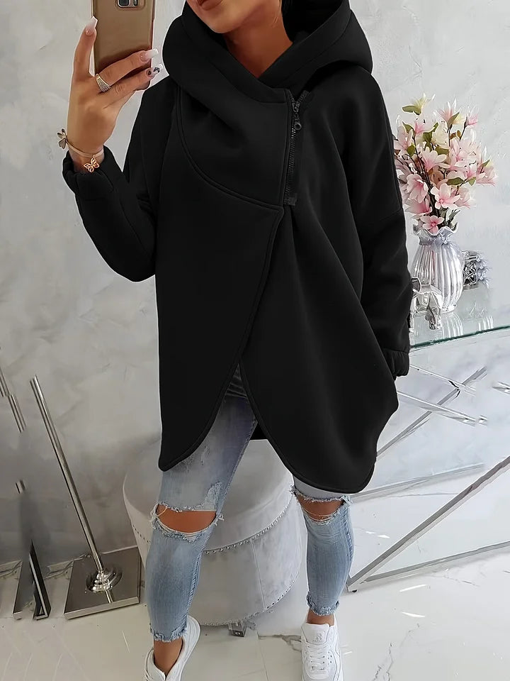 Sweatshirt de mulher com capuz de cor sólida, bolso frontal e fecho