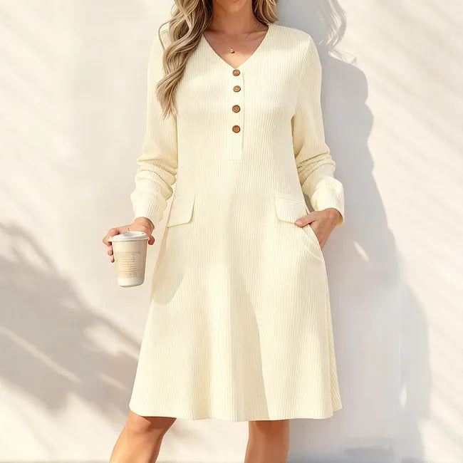 Vestido de malha para mulher com decote em V e riscas verticais