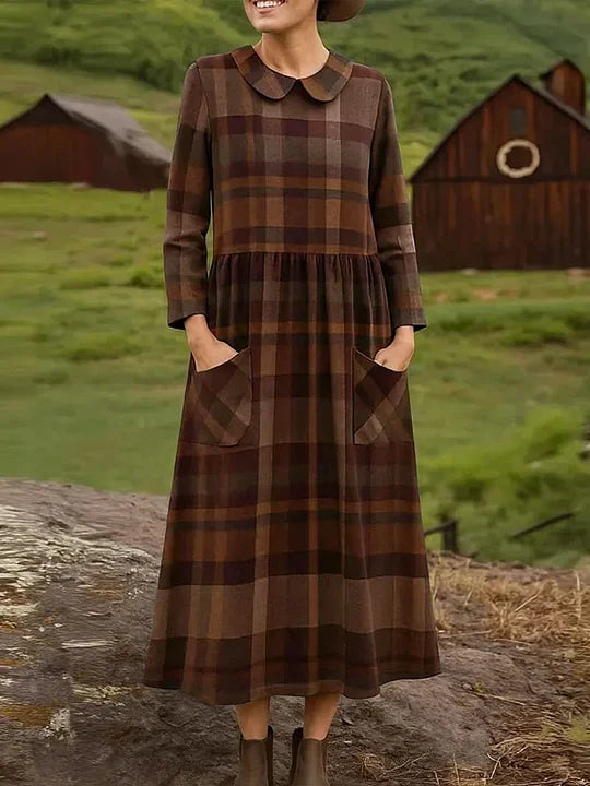 Vestido solto casual com estampado xadrez para mulher