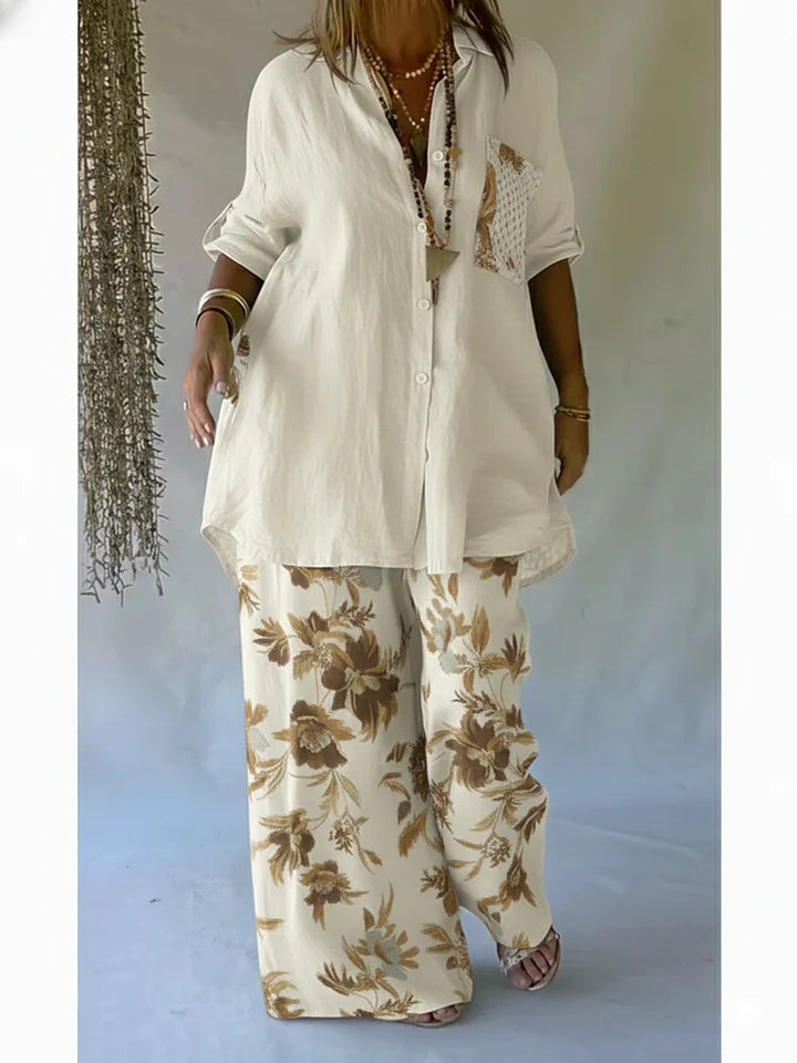 Conjunto de duas peças casual com estampado floral, composto por camisa e calças em linho e algodão
