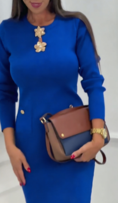 Vestido elegante de mangas compridas com gola redonda
