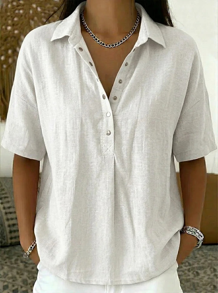 Camisa casual de manga curta em mistura de linho e algodão.