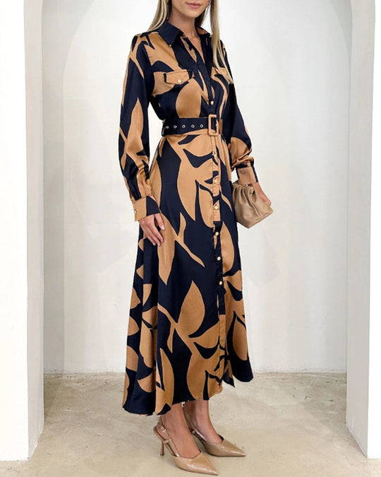 Vestido elegante de manga comprida com lapela estampada