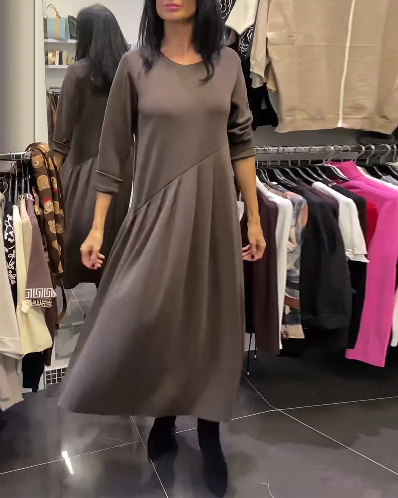 Vestido casual de cor sólida com gola redonda