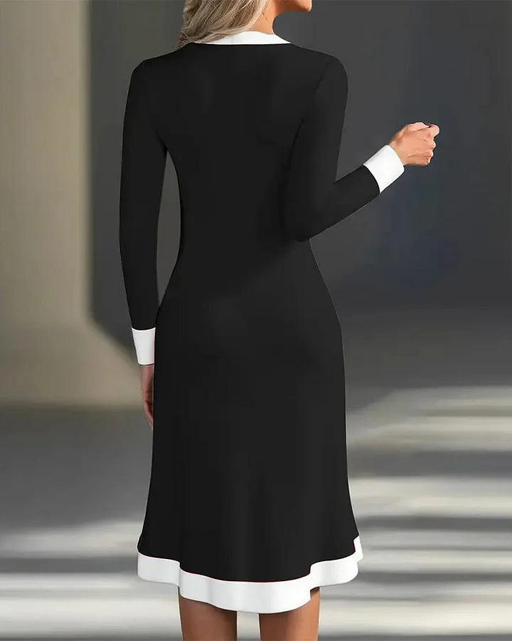 Vestido elegante de manga comprida em contraste