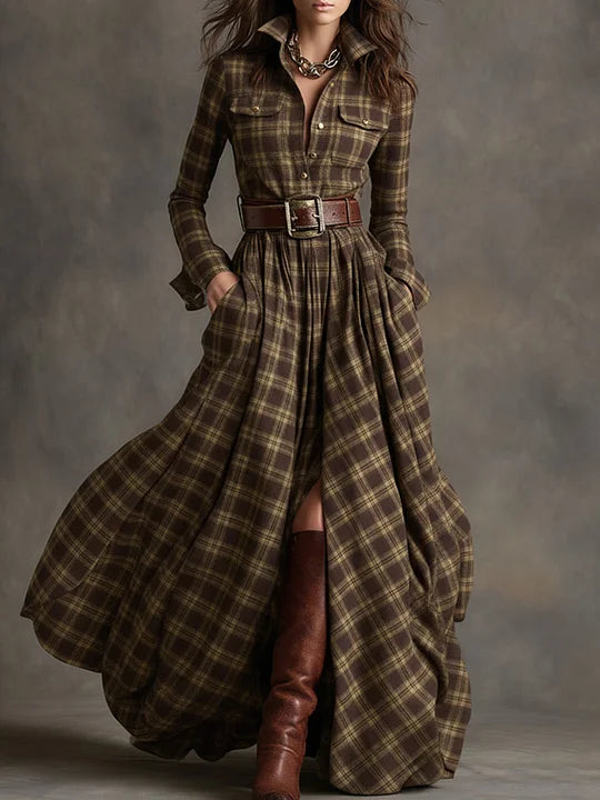 Vestido comprido xadrez castanho-avermelhado com gola estilo retro