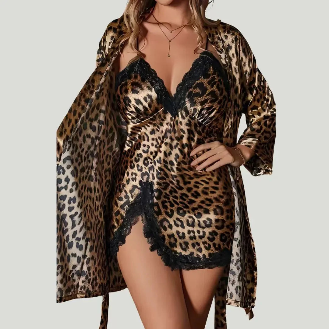 Camisola feminina estilosa de cetim com estampa de leopardo – conjunto de dormir de duas peças
