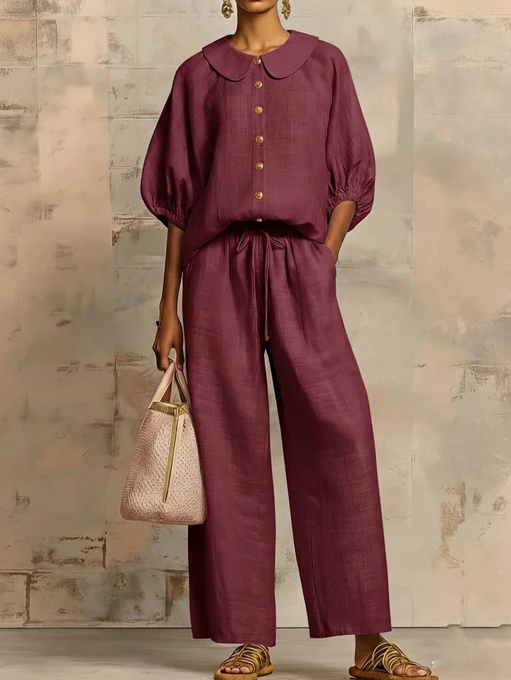 Elegante conjunto de linho de duas peças, composto por camisa e calças de pernas largas