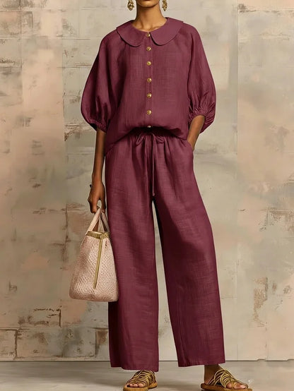 Elegante conjunto de linho de duas peças, composto por camisa e calças de pernas largas