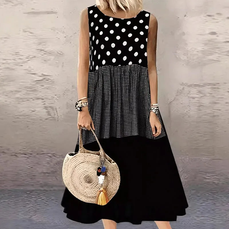 👗 Vestido de menina sem mangas com painéis às bolinhas e xadrez
