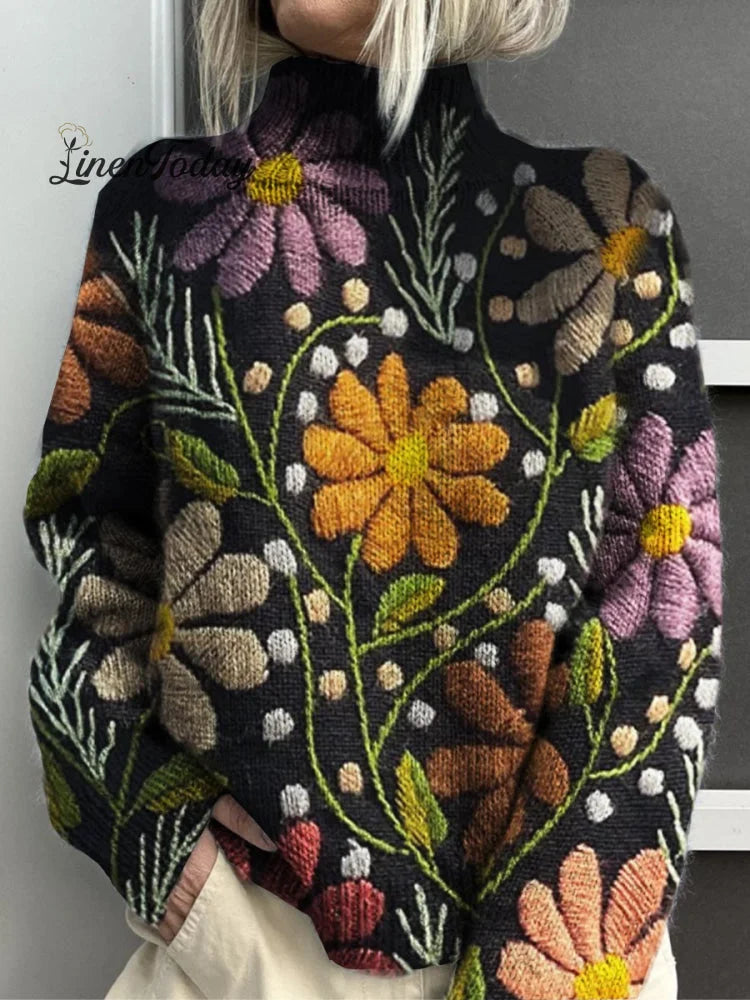 Camisola de gola alta em malha com estampado floral retro