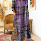 Vestido de mulher em algodão com estampado étnico e patchwork, com acabamento em renda.