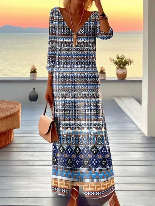 Vestido vintage comprido às riscas para mulher com gola longa e manga comprida para o dia a dia