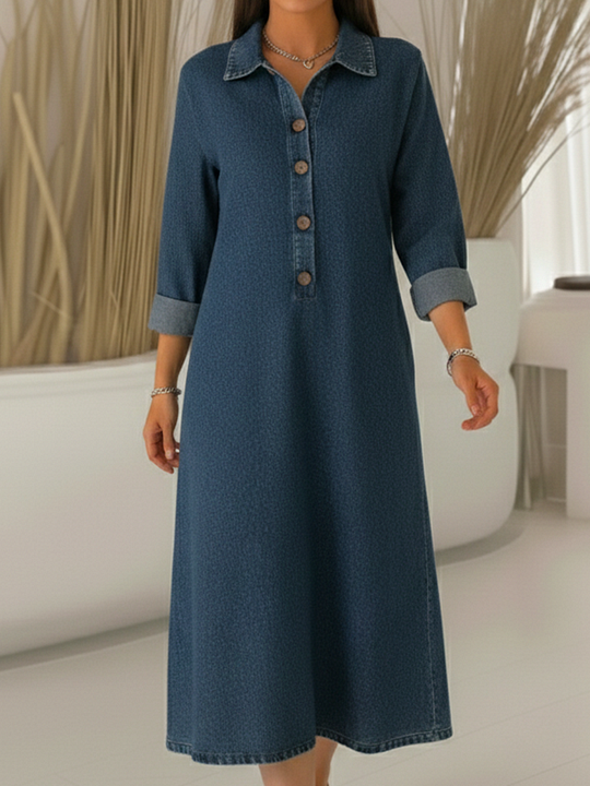 Vestido clássico de ganga com gola polo e botões
