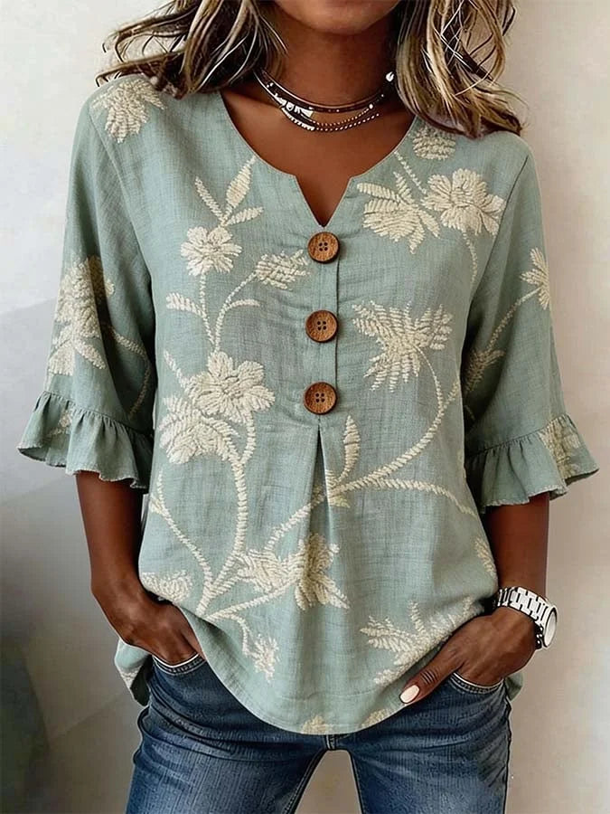 Blusa casual para mulher com estampado floral e mangas abalonadas