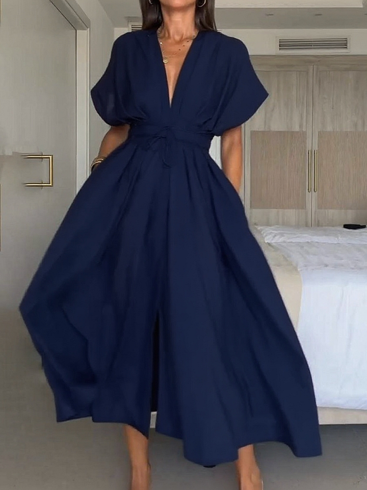 Vestido midi para mulher com decote em V e detalhe de atilhos