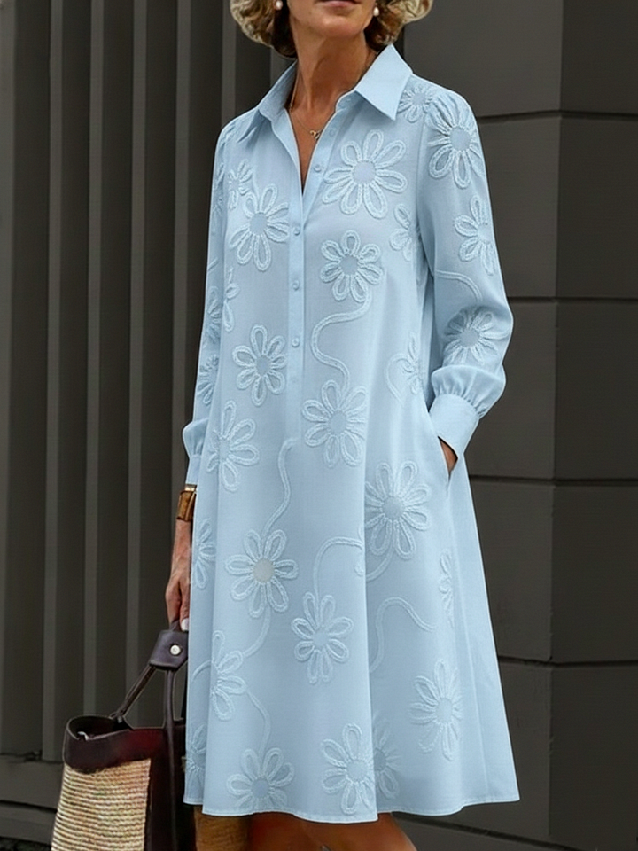 Vestido elegante com bordado floral e gola de camisa