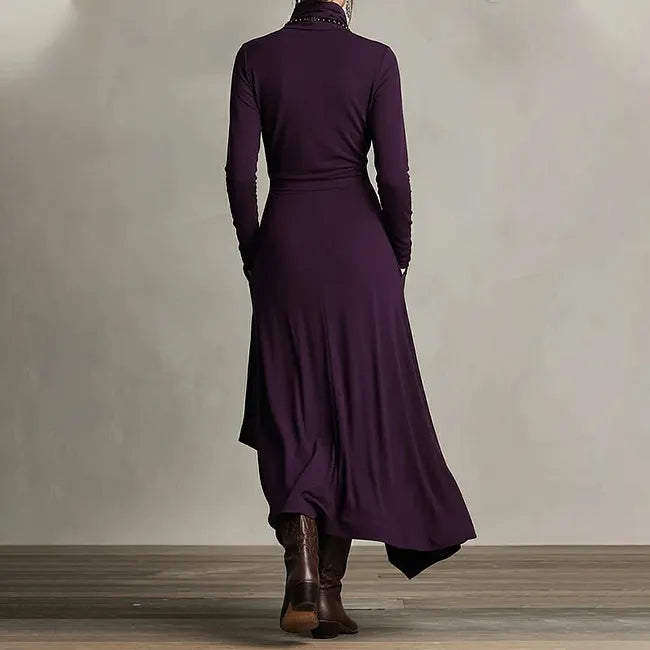 Elegante Vestido Longo para Mulher com Gola Alta, Assimétrico e Drapeado