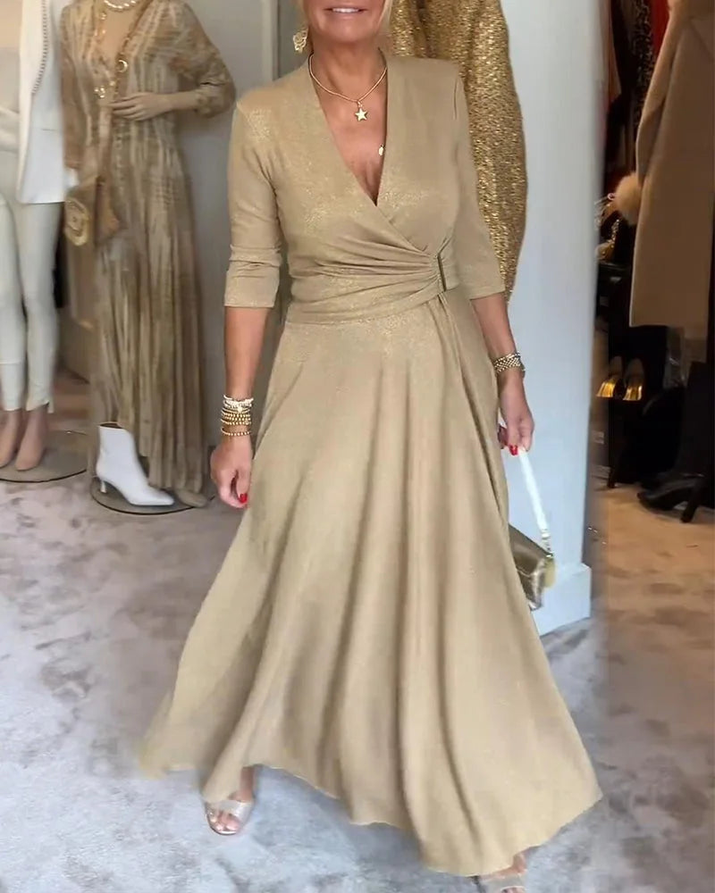 Vestido elegante de cor sólida com decote em V e mangas a três quartos