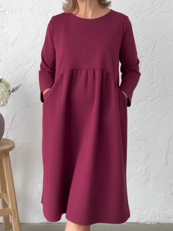 👗Vestido midi largo para mulher com decote redondo e bolsos – conforto sem esforço e elegância para o dia a dia✨