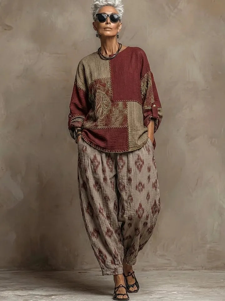 Conjunto de Duas Peças (Top e Calça) em Linho e Algodão com Estampado Paisley Boémia