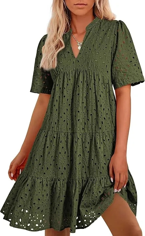 🔥🔥🔥🔥Novo vestido de menina com decote em V e manga curta