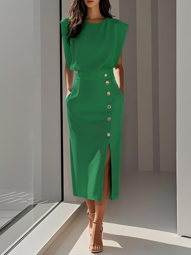 Vestido midi de cor sólida 2025
