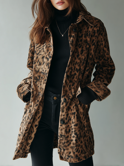 Casaco retro com estampa de leopardo feito de camurça ecológica