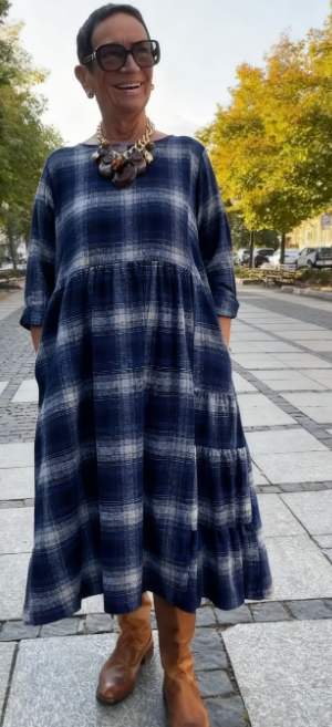 💥🔥👗【S-5XL】Vestido solto xadrez retro com manga a três quartos