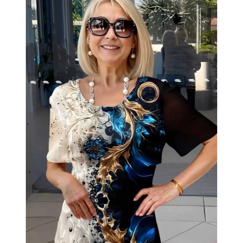 💖Vestido elegante com gola redonda e estampado