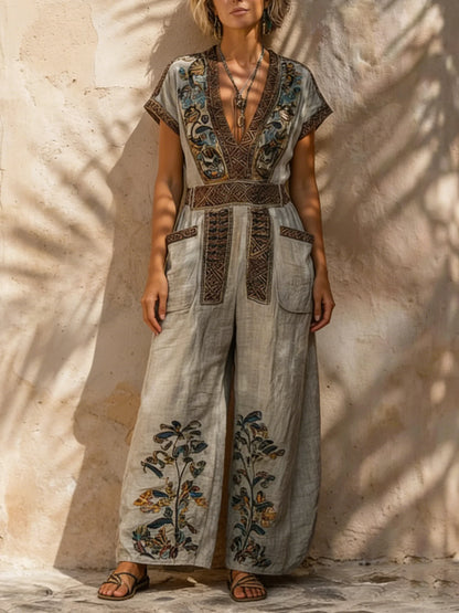 Macacão largo em algodão e linho com um estilo boho retro casual