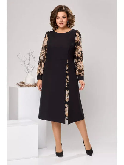 Vestido plus size preto e prateado com estampado e mangas a três quartos com folhos