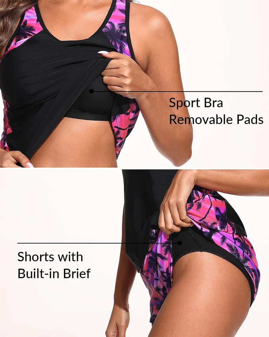 Biquíni Tankini com Calções – Conjunto de Duas Peças com Efeito Redutor de Medidas na Cintura e Bolsos em Estilo Desportivo
