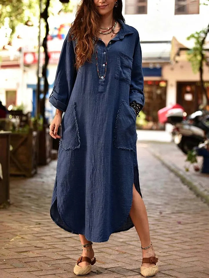 Vestido casual de mulher em algodão e linho com estampado artístico em cores sólidas