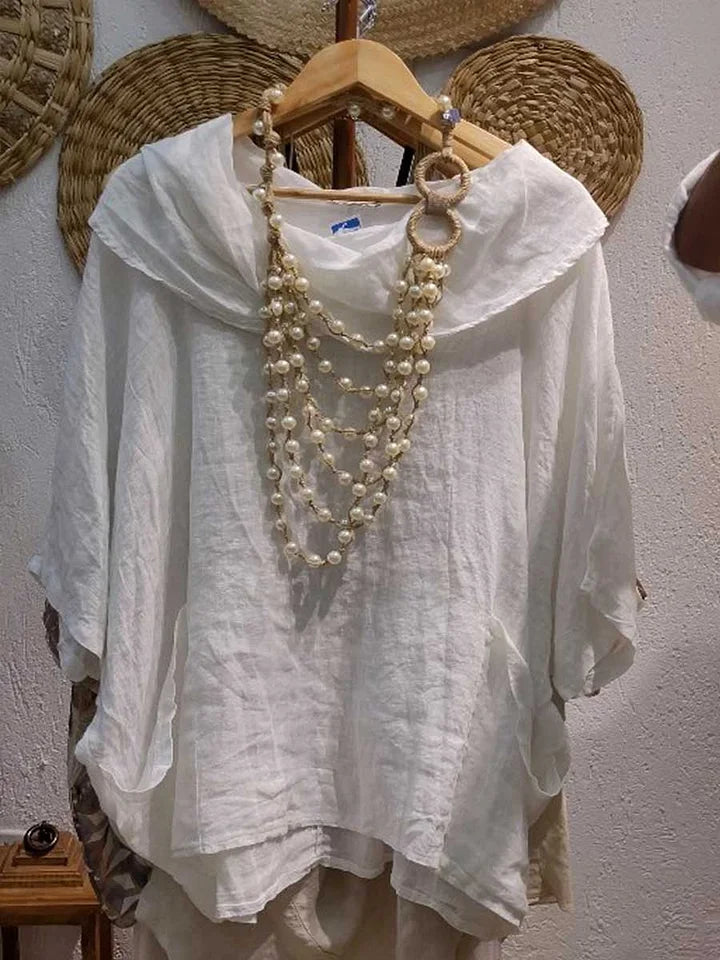 Blusa de linho para mulher, casual e confortável, com mangas a três quartos e bolso