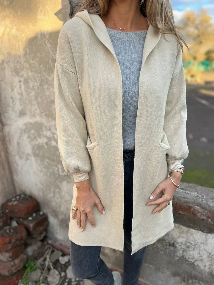 Cardigan comprido casual com bolsos e capuz